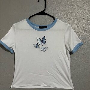 SHEIN White Tee with Blue Butterfly Design